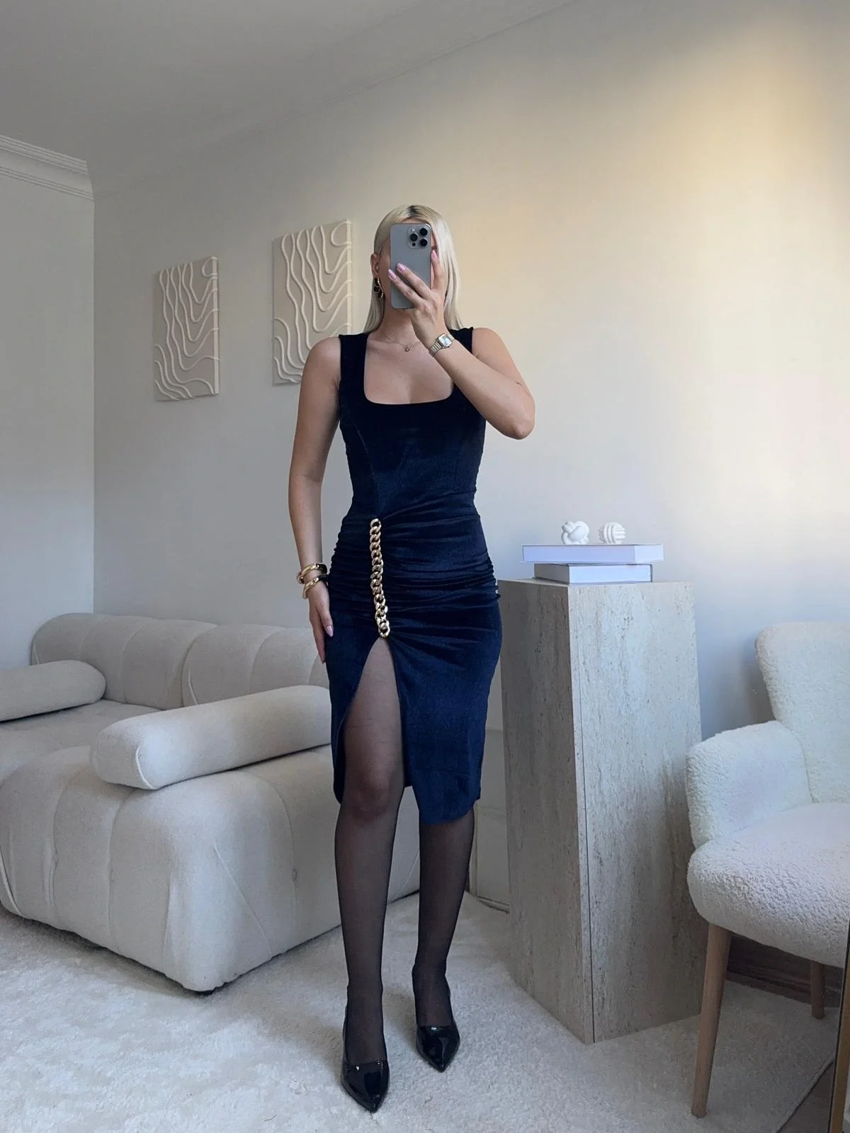 Zincir Aksesuar Kare Yaka Elbise - LACİVERT