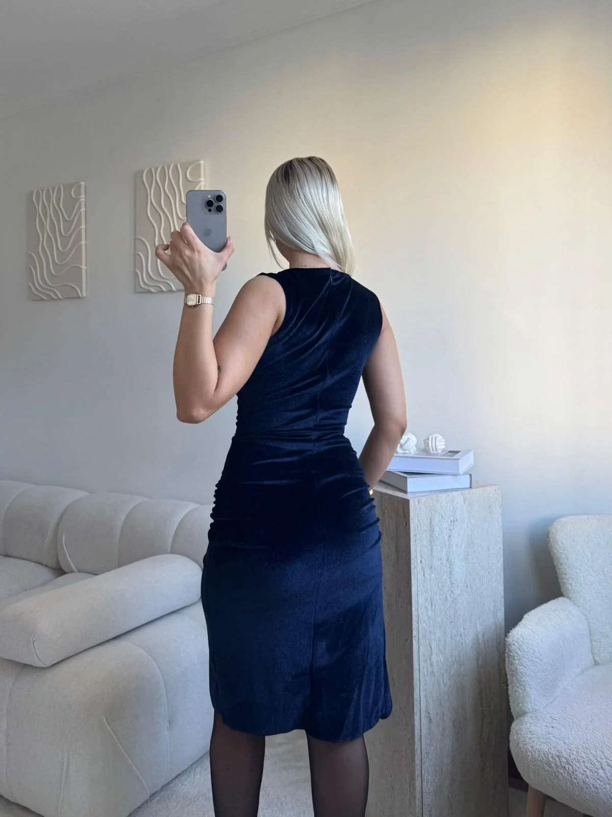 Zincir Aksesuar Kare Yaka Elbise - LACİVERT