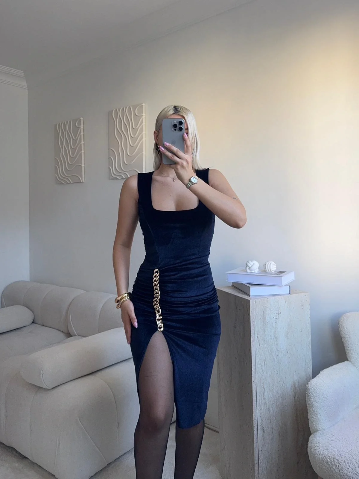 Zincir Aksesuar Kare Yaka Elbise - LACİVERT