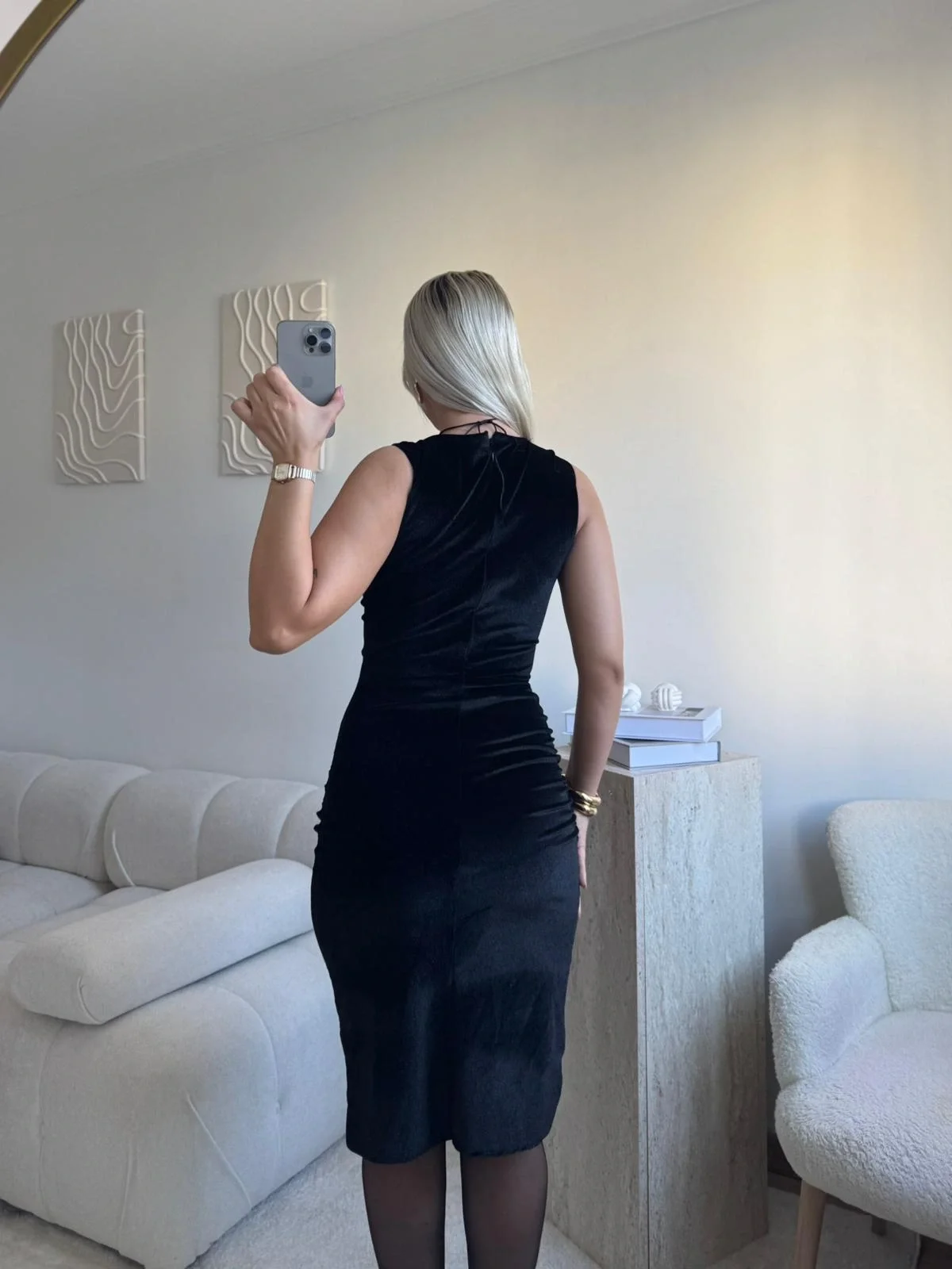 Zincir Aksesuar Kare Yaka Elbise - SİYAH