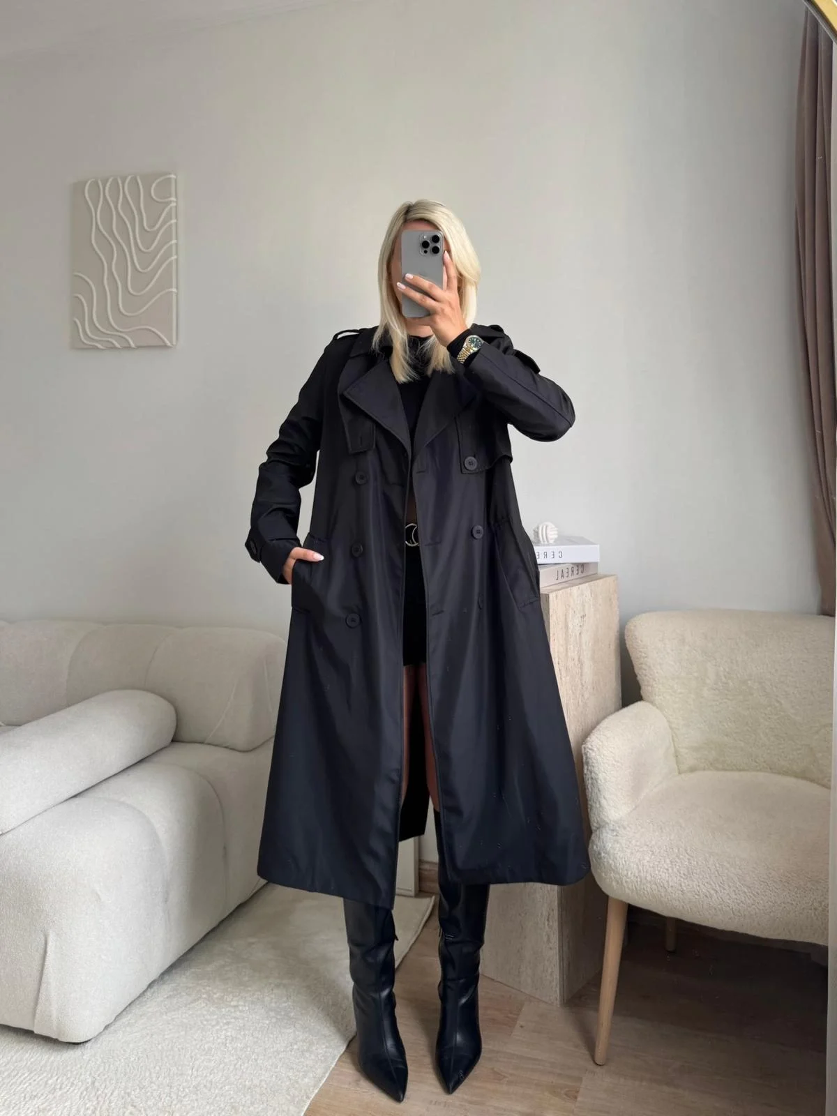 ZR Yaka Detay Trençkot - SİYAH