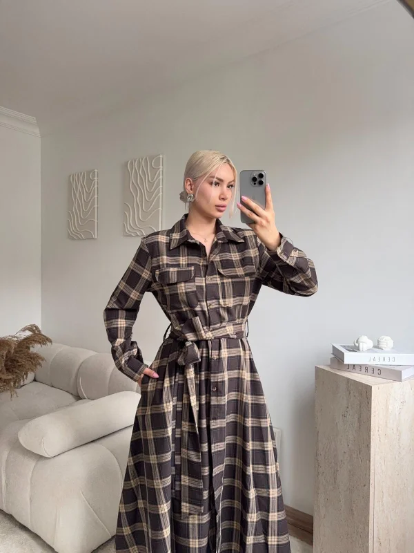 Ekose Kuşaklı Gömlek Elbise - KAHVE