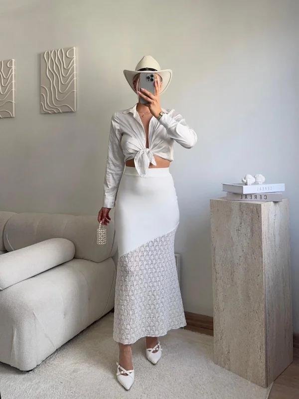 Yüksek Bel Asimetrik Dantel Detaylı Midi Etek - BEYAZ