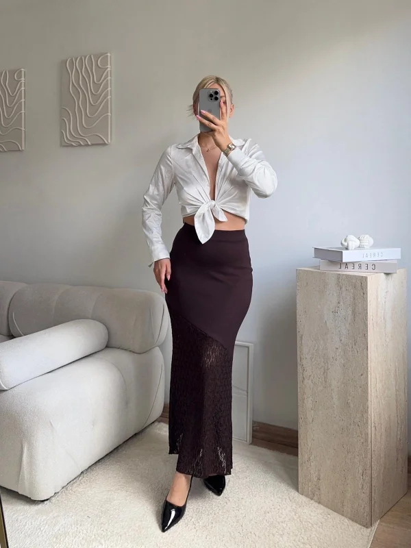 Yüksek Bel Asimetrik Dantel Detaylı Midi Etek - KAHVE