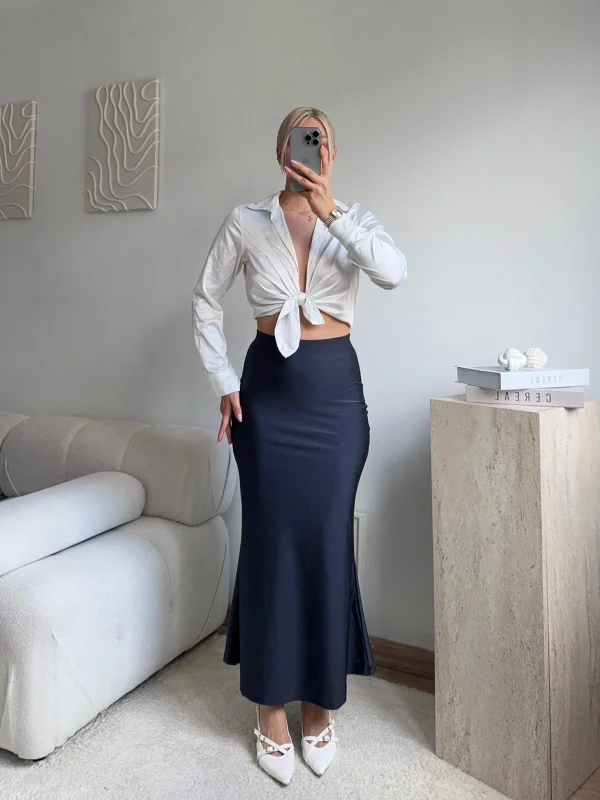 Yüksek Bel Saten Midi Etek- LACİVERT