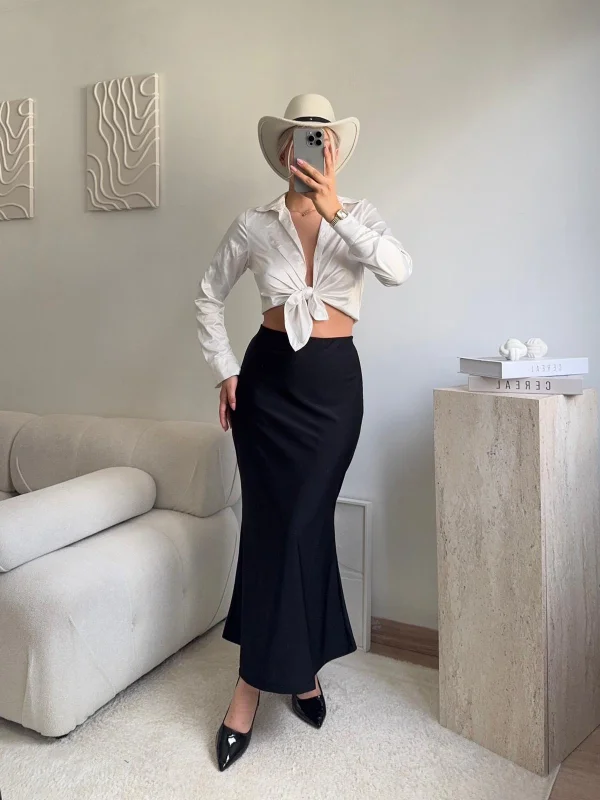 Yüksek Bel Saten Midi Etek - SİYAH
