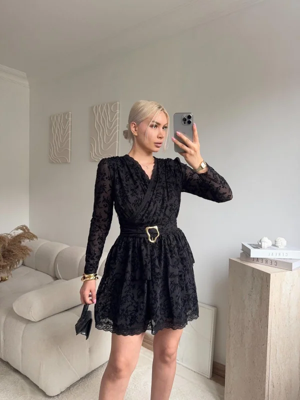 Kruvaze Kemerli Dantel Elbise - SİYAH