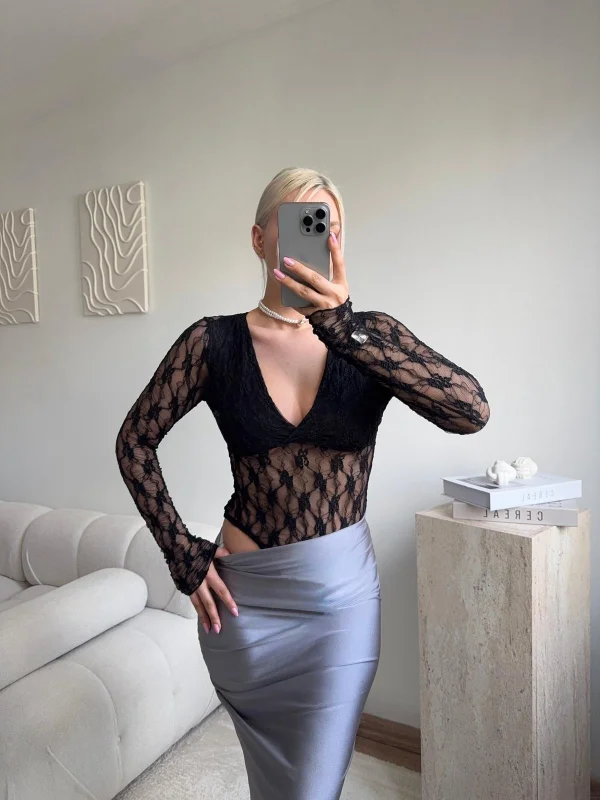 Uzun Kollu Dantel Bodysuit - SİYAH