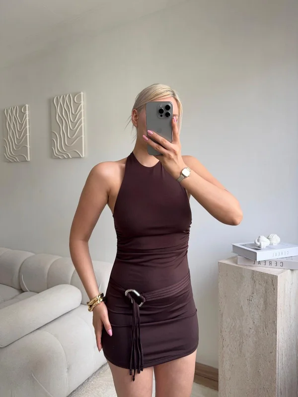Halter Yaka Sırt Dekolteli Mini Elbise - KAHVE