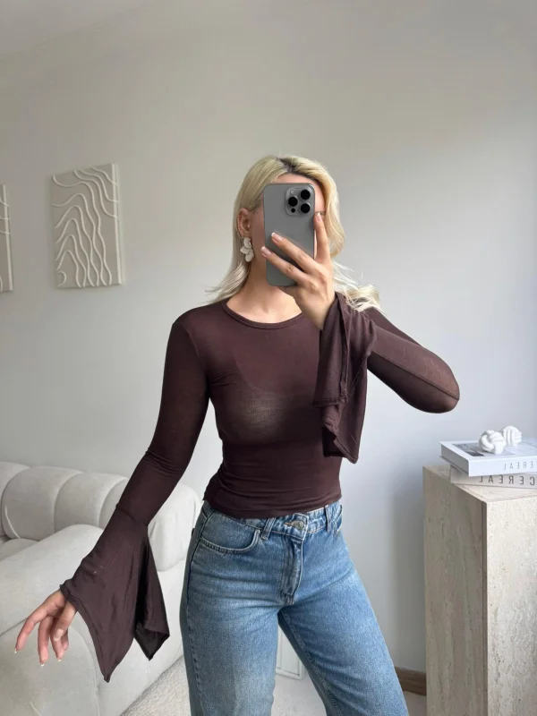 Transparan İspanyol Kol Uzun Kollu Bluz - KAHVE