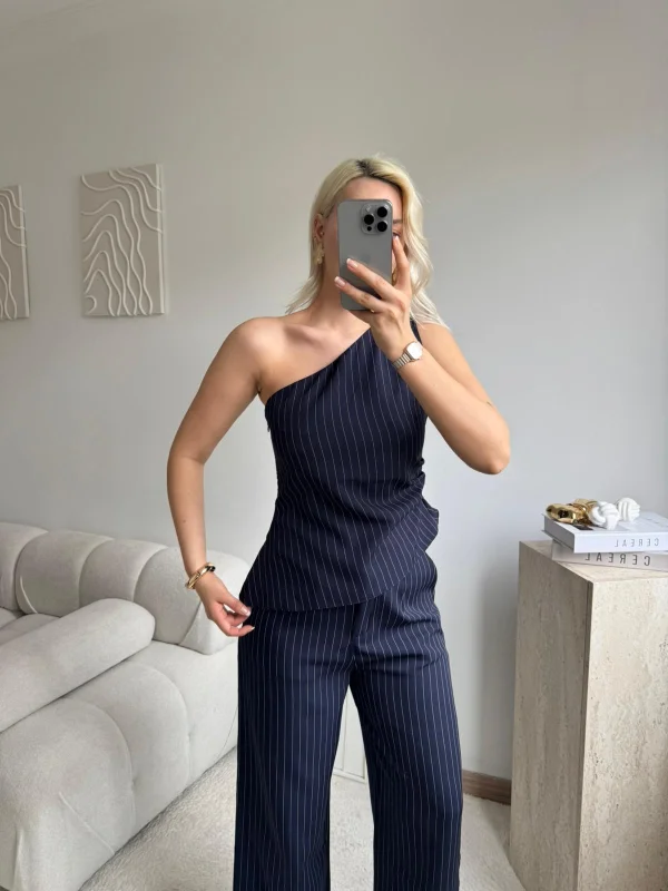 Çizgili Tek Omuz Bluz Pantolon Takım- LACİVERT