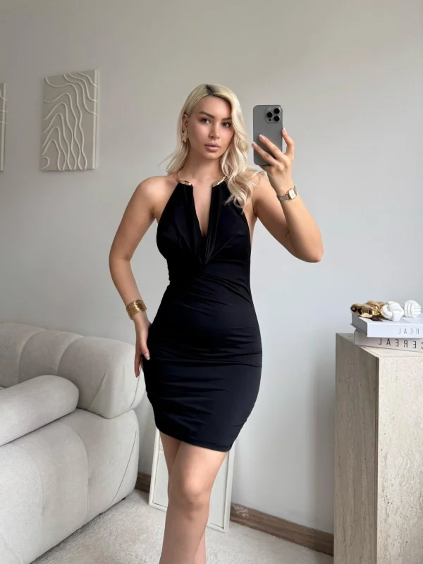 Boyun Aksesuar Degaje Mini Elbise - SİYAH