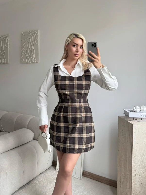 Kareli Jile Gömlek Elbise -KAHVE