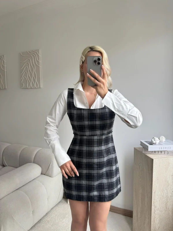 Kareli Jile Gömlek Elbise - FÜME