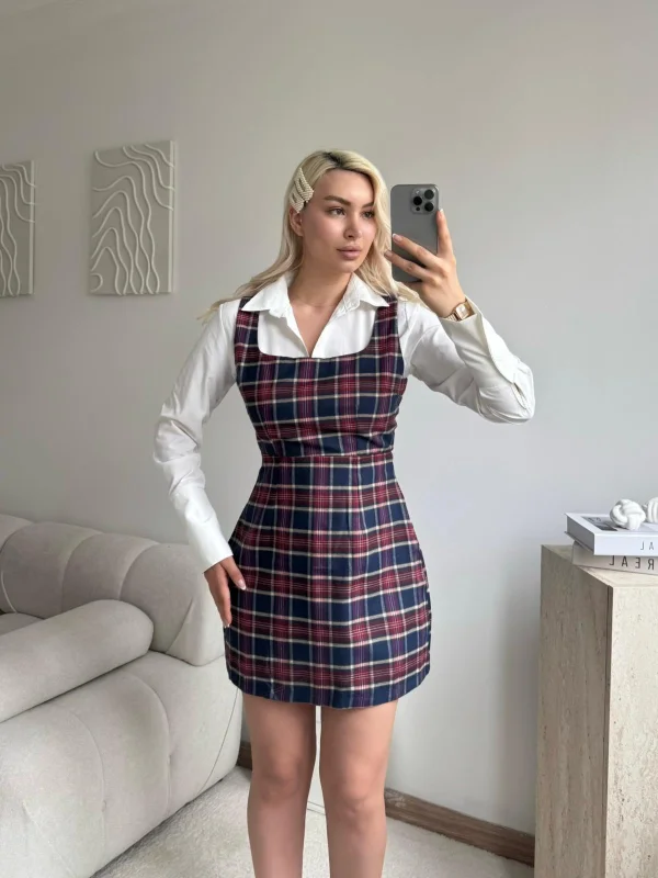 Kareli Jile Gömlek Elbise - BORDO