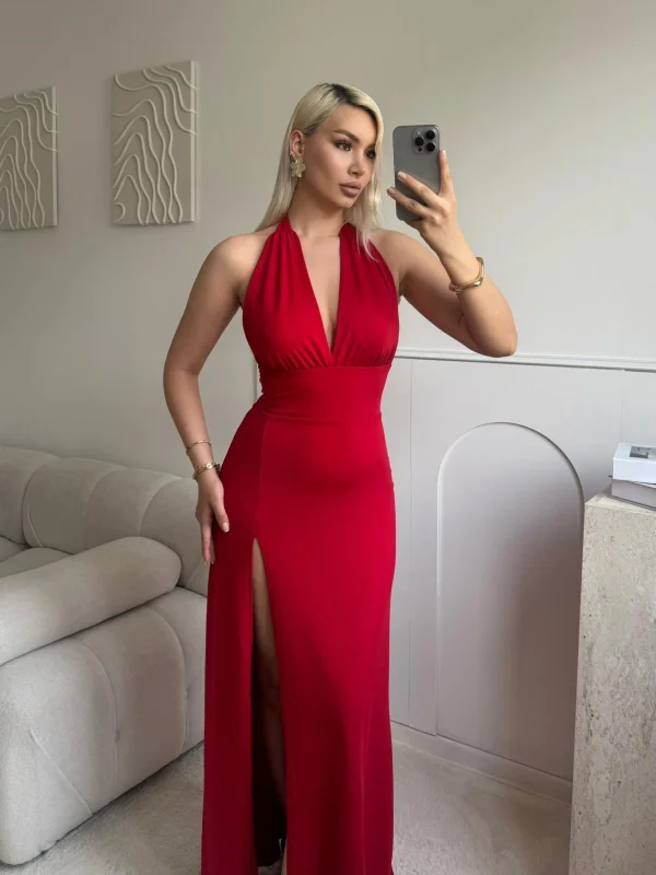 Halter Yaka Sırt Bağlamalı Yırtmaçlı Maxi Elbise - KIRMIZI