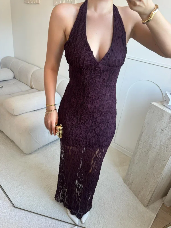 Boyun Bağlamalı Güpürlü Elbise - BORDO