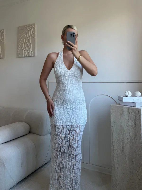 Boyun Bağlamalı Güpürlü Elbise - BEYAZ