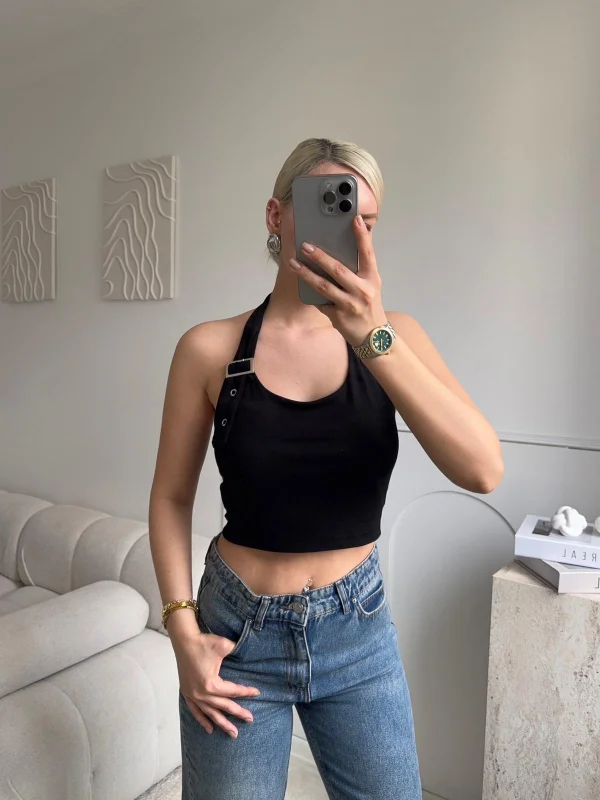 Boyun Kemerli Crop - SİYAH