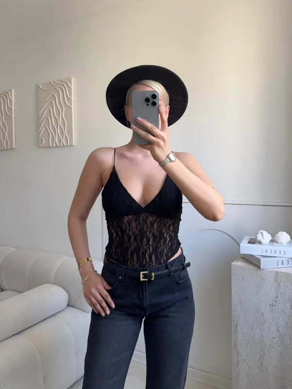 Askılı Dantel Bodysuit - SİYAH