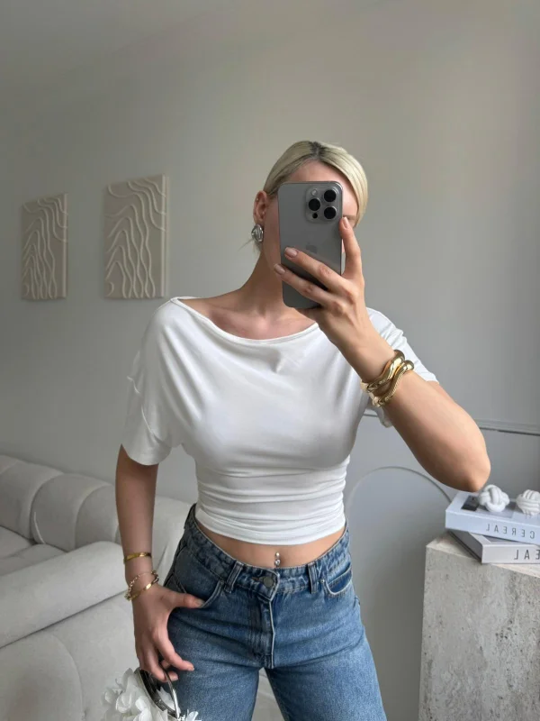 Kayık Yaka Bluz - BEYAZ