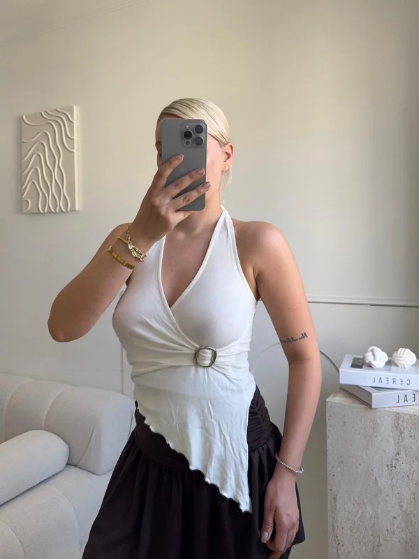 Kruvaze Tokalı Crop - BEYAZ