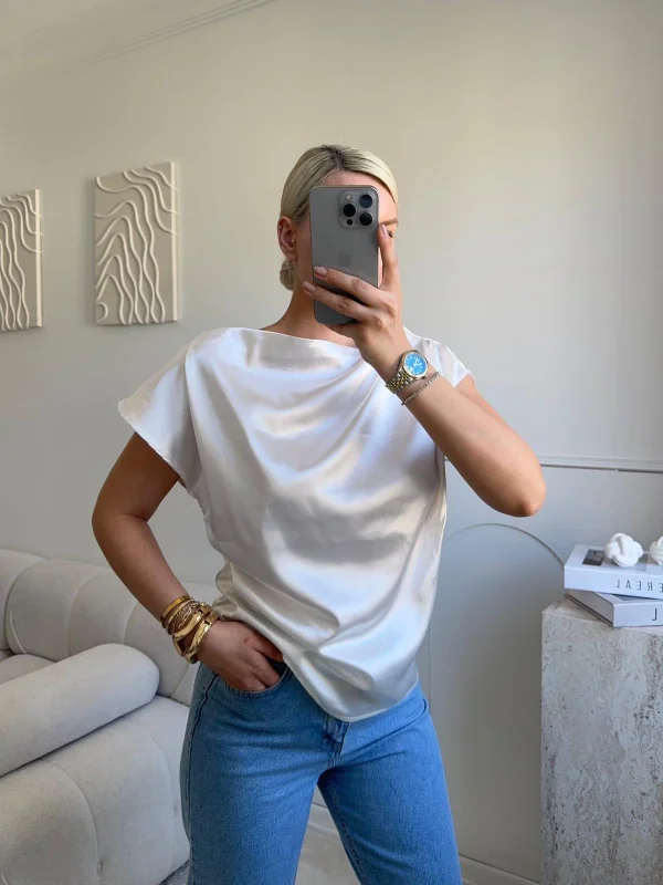 Kayık Yaka Saten Bluz - BEYAZ