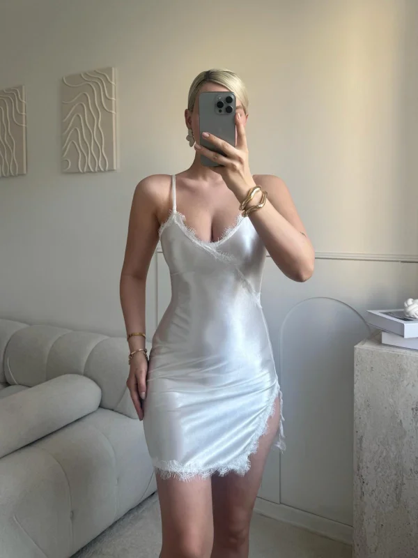 Dantel Detay Askılı Saten Elbise - BEYAZ