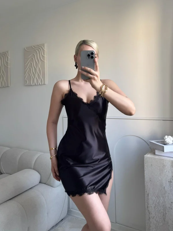 Dantel Detay Askılı Saten Elbise - KAHVE