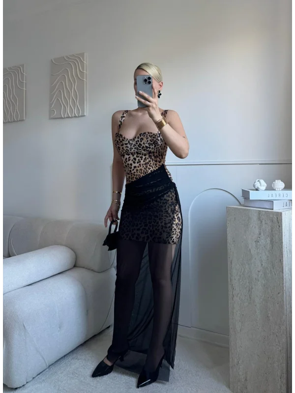 Bel Korse Eteği Tül Elbise - LEOPAR
