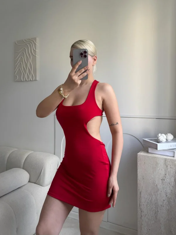Sırt Dekolte Tasarım Elbise - KIRMIZI
