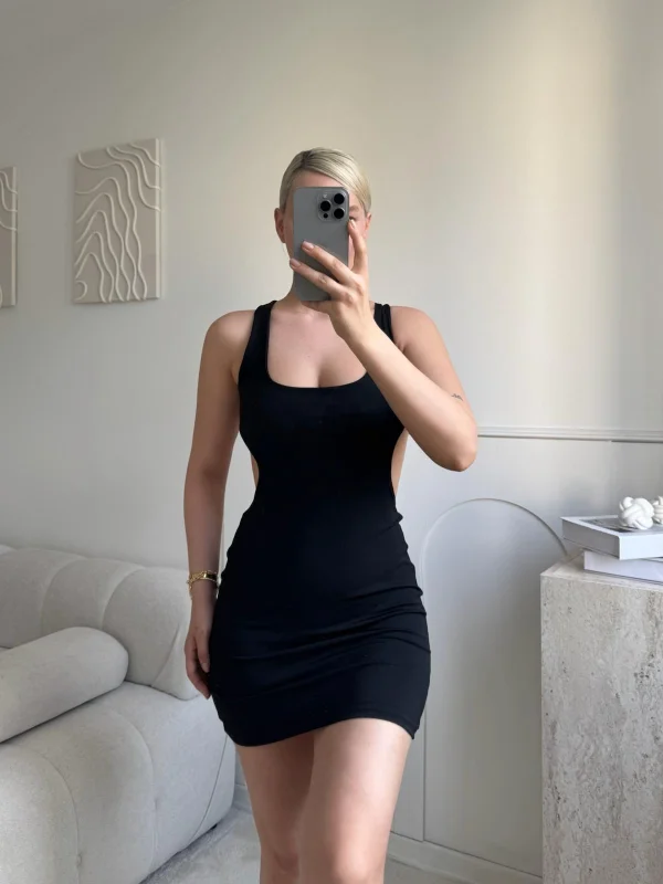 Sırt Dekolte Tasarım Elbise - SİYAH