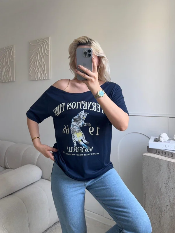 Düşük Omuz Oversize Tshirt - LACİVERT