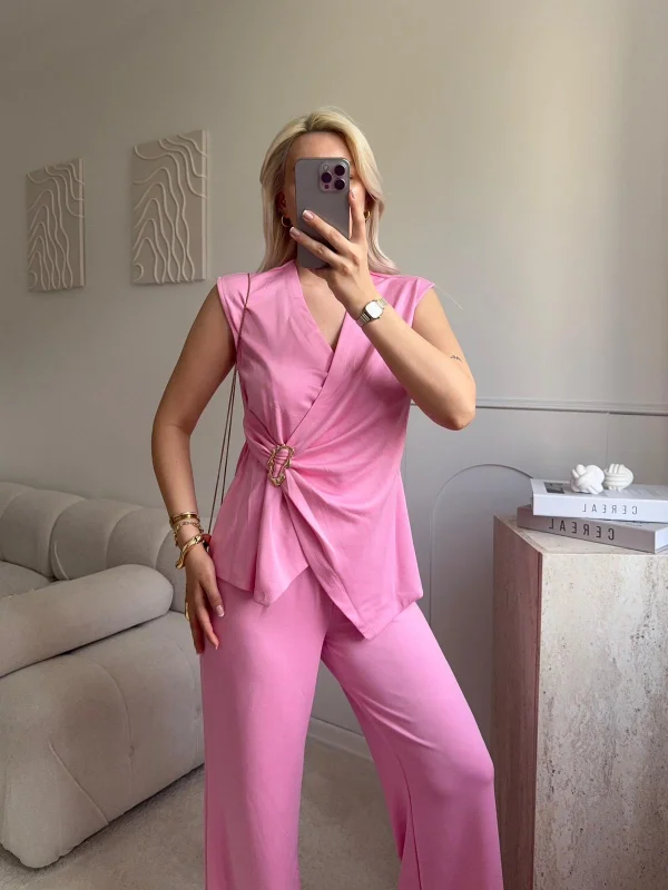 Kruvaze Tokalı Modal İkili Takım - PEMBE