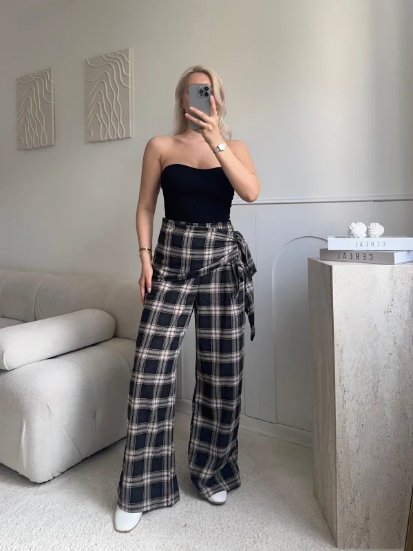 Bel Fular Ekose Pantolon - SİYAH
