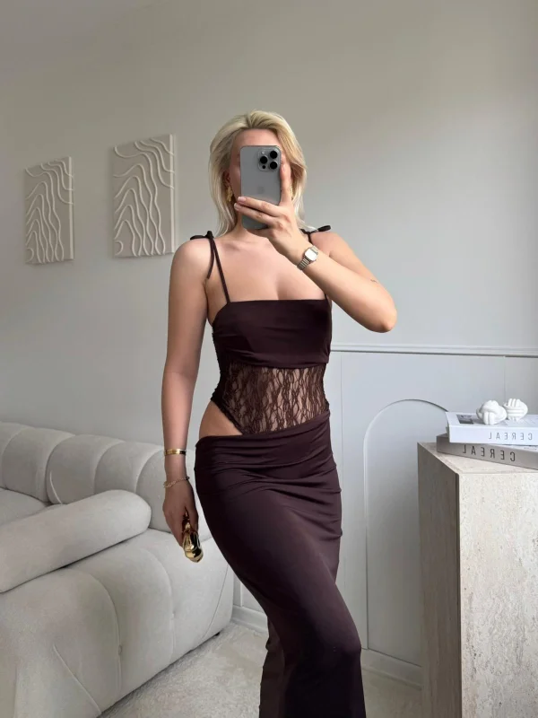 Güpür Korseli Maxi Elbise - KAHVE