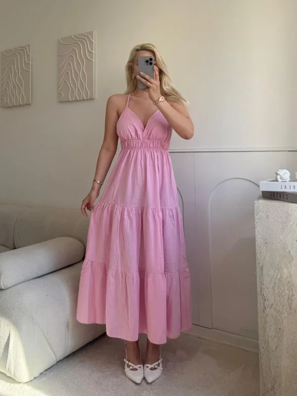 Sırt Çapraz Askılı Elbise - PEMBE
