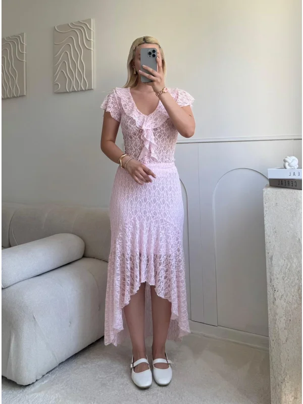 Volanlı Dantel İkili Takım - PEMBE