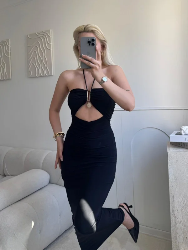 Halter Aksesuar Maxi Elbise - SİYAH