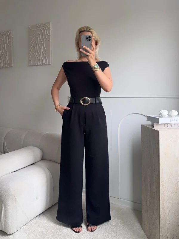 Kayık Yaka Kemerli Tulum - SİYAH