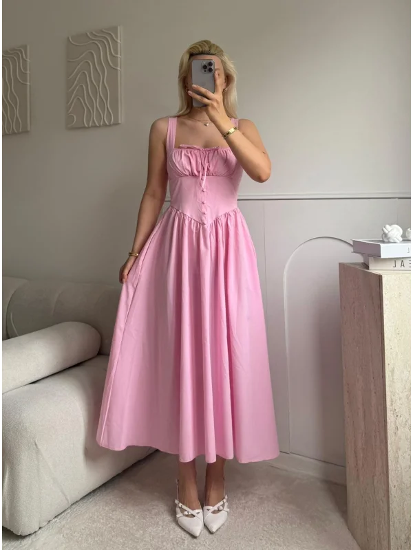 Bel Korse Askılı Prenses Elbise - PEMBE