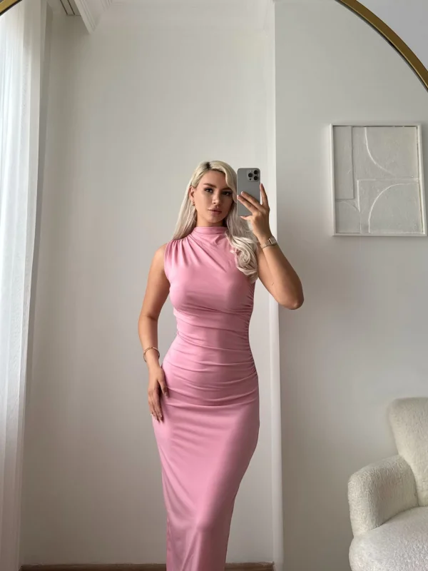 Arka Yırtmaç Drapeli Elbise - PUDRA