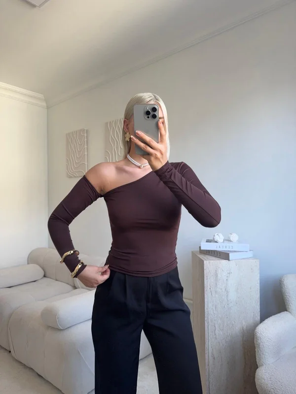 Asimetrik Tek Omuz Bluz - KAHVE