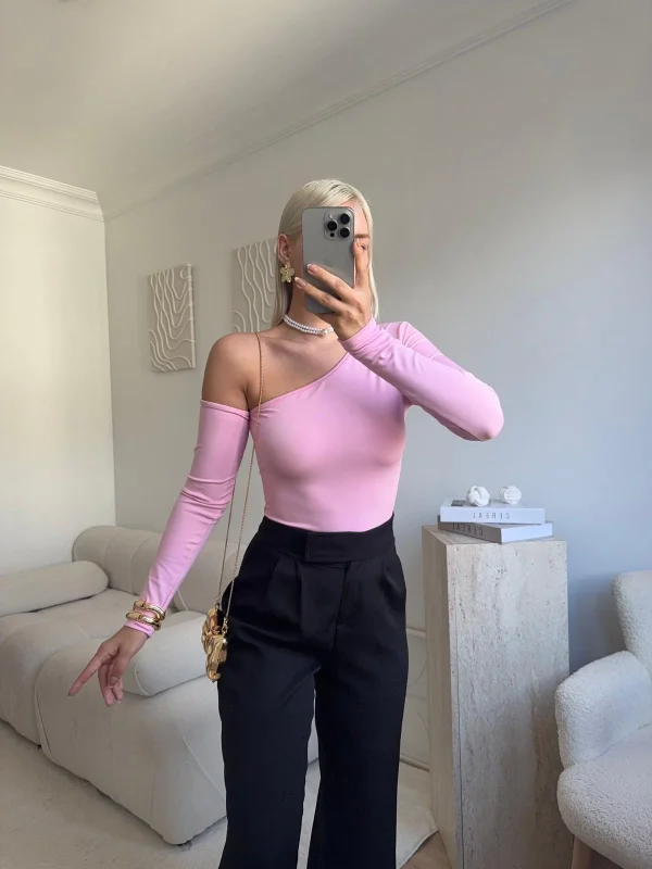 Asimetrik Tek Omuz Bluz - PEMBE