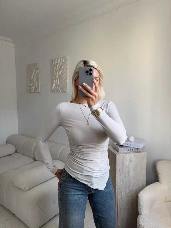 Asimetrik Yan Lastik Bluz - BEJ