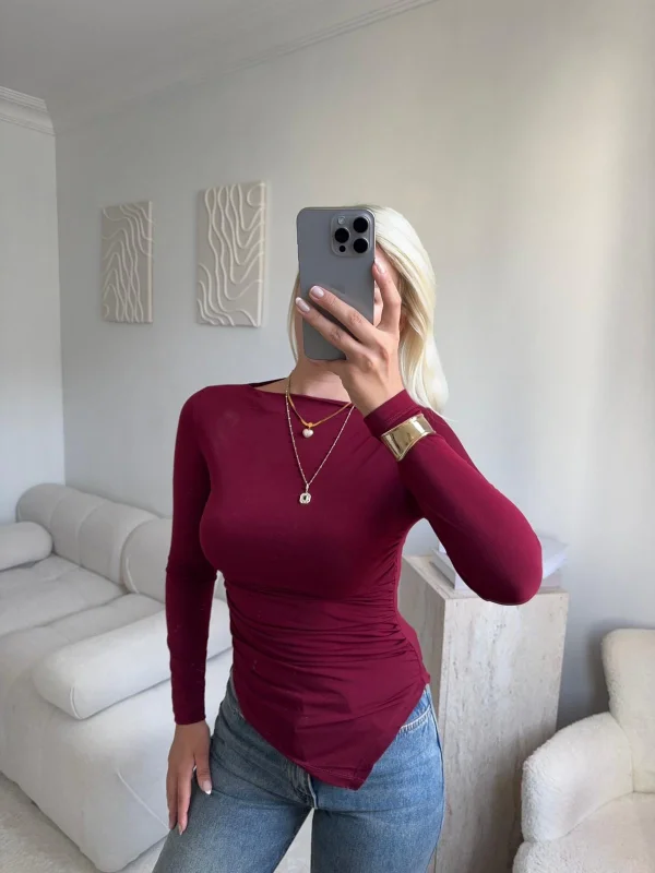 Asimetrik Yan Lastik Bluz - BORDO