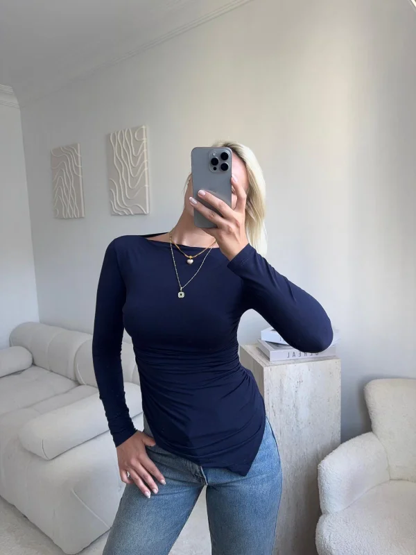 Asimetrik Yan Lastik Bluz - LACİVERT