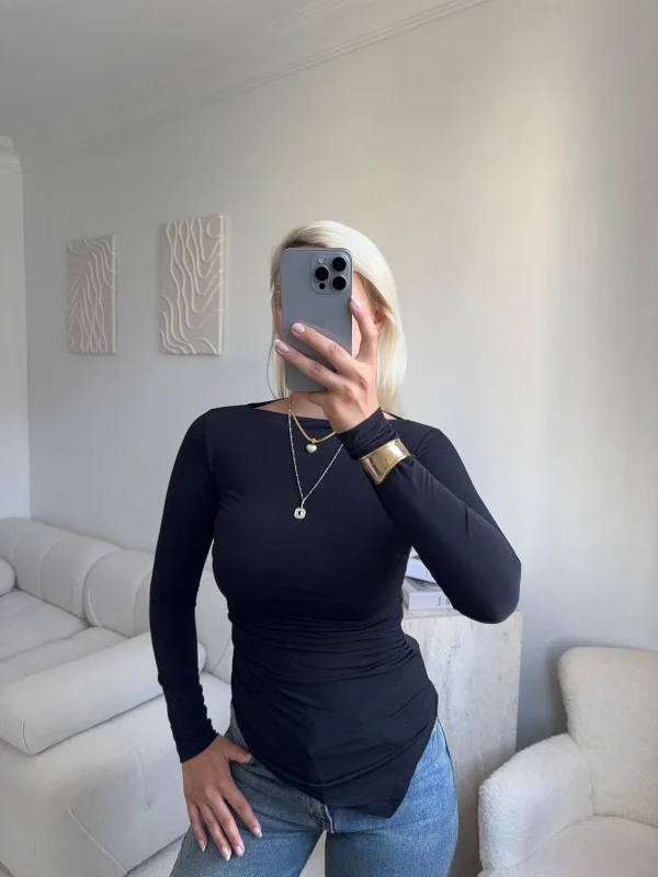 Asimetrik Yan Lastik Bluz - SİYAH