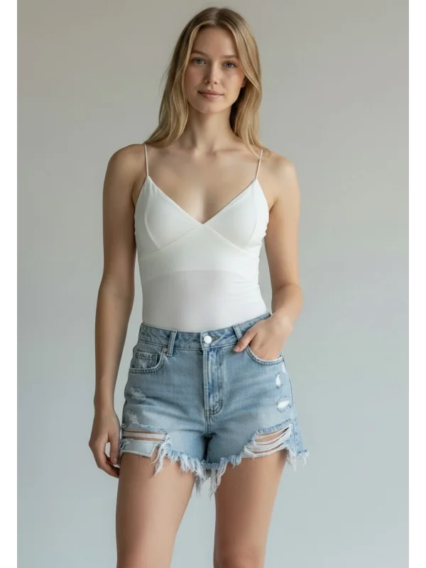 Askılı Biyeli Bodysuit - BEYAZ