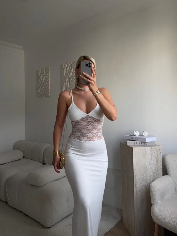 Askılı Dantel Bel Korse Uzun Elbise - BEYAZ